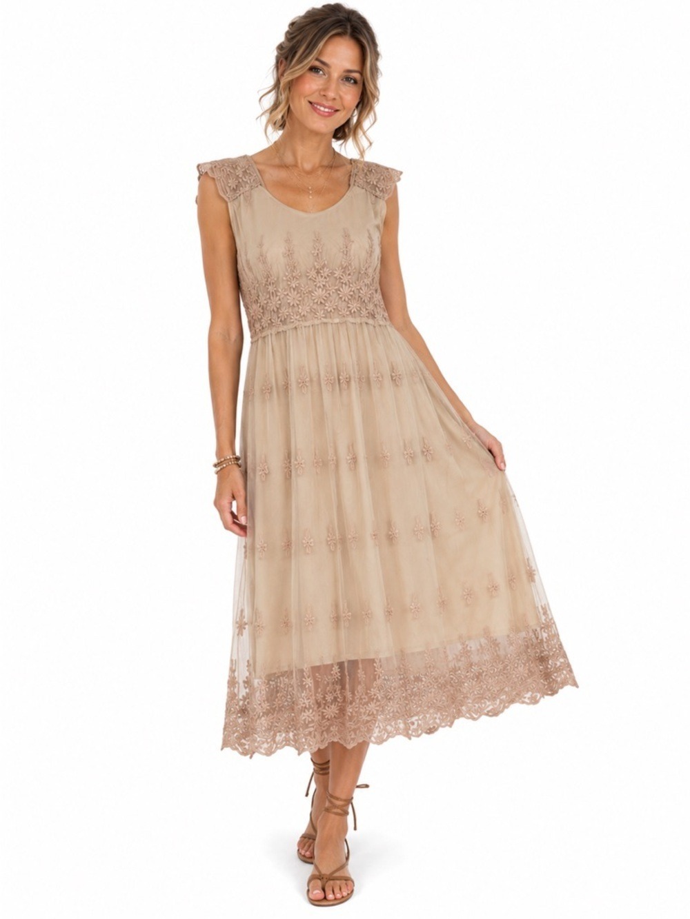 Sweewe Paris Women's Dress Size M/L Cream Lace Overlay Pearl Buttons Sleeveless